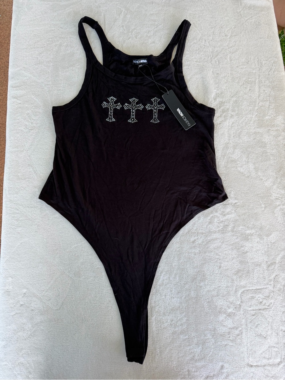 Fashion Nova Black Rhinestone Cross Tank One-Piece